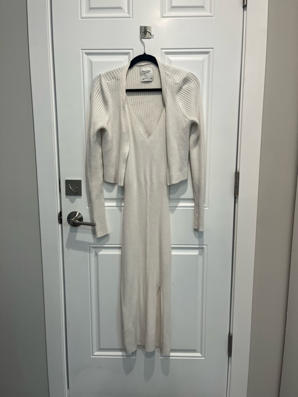 Abercrombie & Fitch Cream Ribbed Maxi Dress with Matching Cardigan